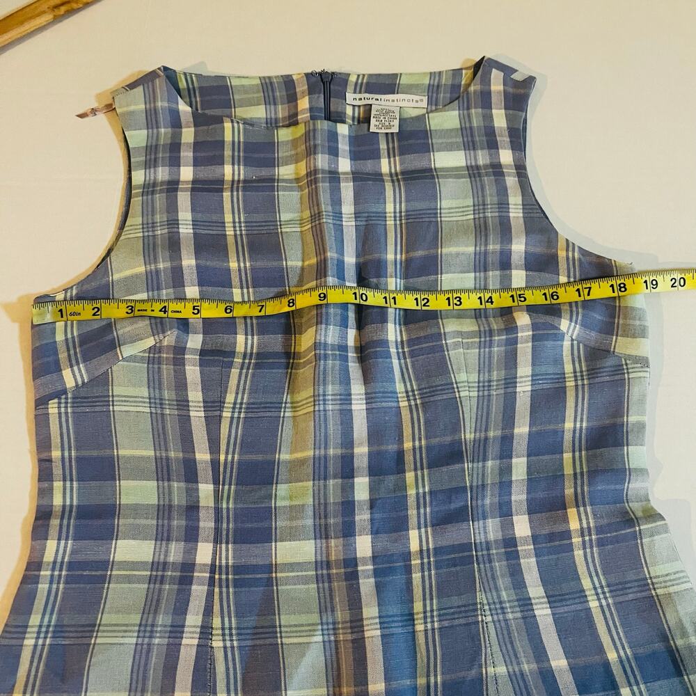 Natural Instincts Linen Blend Plaid Sleeveless Sheath Dress Size 8 Blue - Picture 4 of 6
